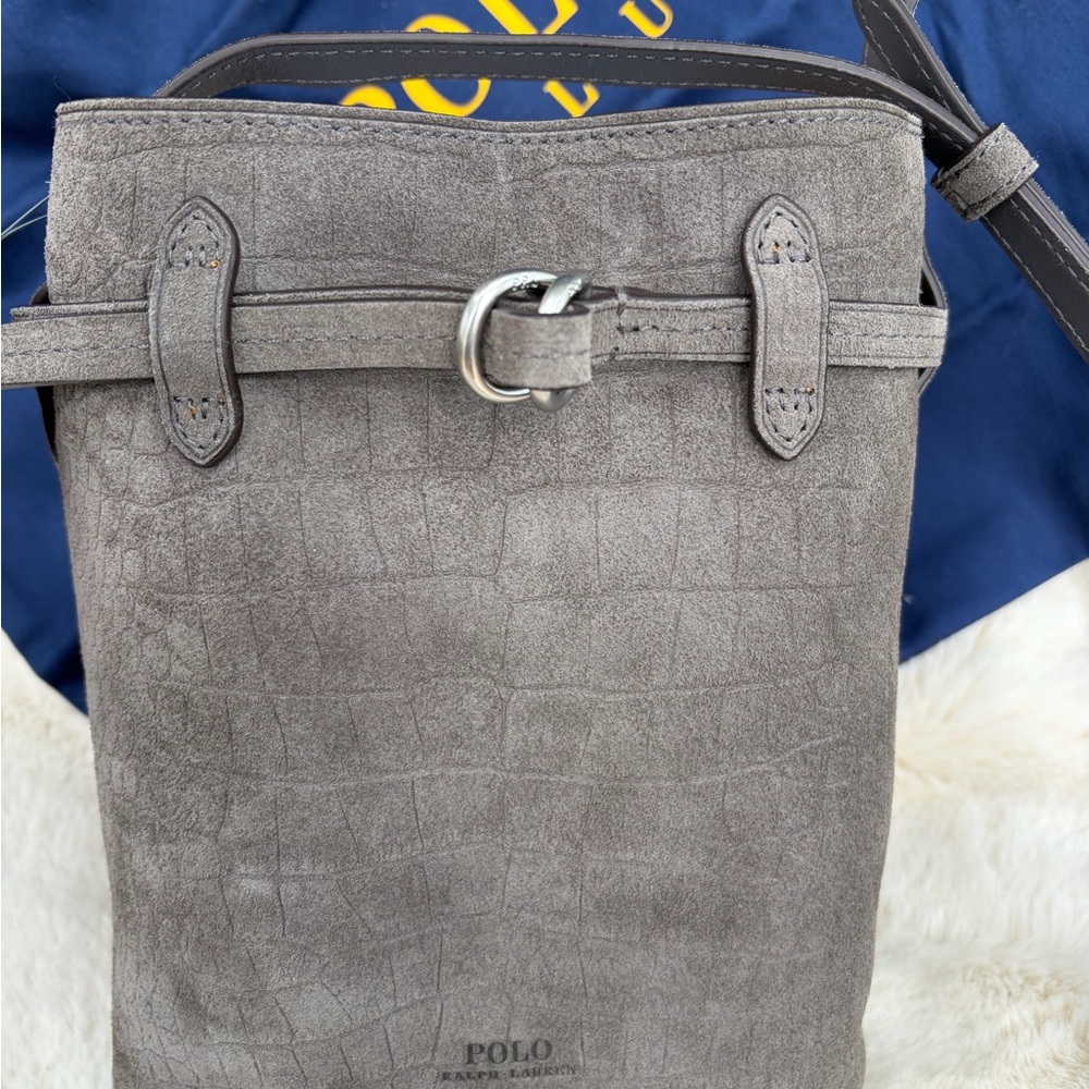 Polo by Ralph Lauren Grey Suede Crossbody Bucket Bag - Picture 3 of 7